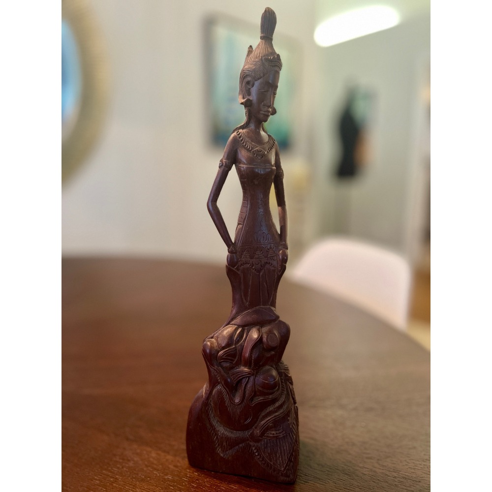 Vintage Balinese Wood Carved Goddess Statue 12in Brown Mid Century Indonesian